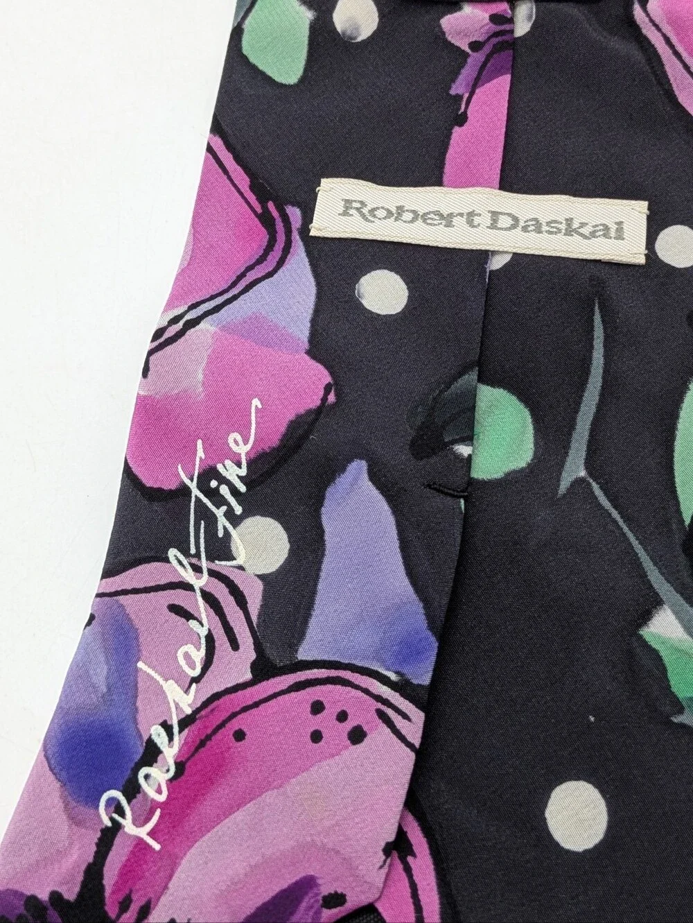 Vintage Robert Daskal Black Pink Floral Hand Painted Silk Tie
